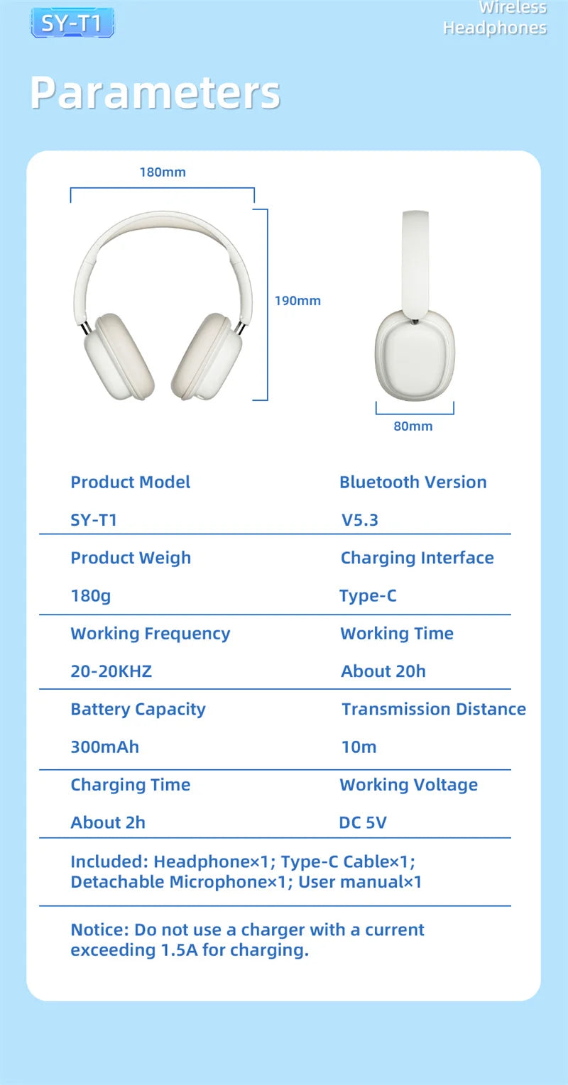 SY-T1 Foldable Wireless Headphones Lightweight Bluetooth 5.3 Earphone Pluggable Mic Stereo Music Game Headset For Friend Gifts