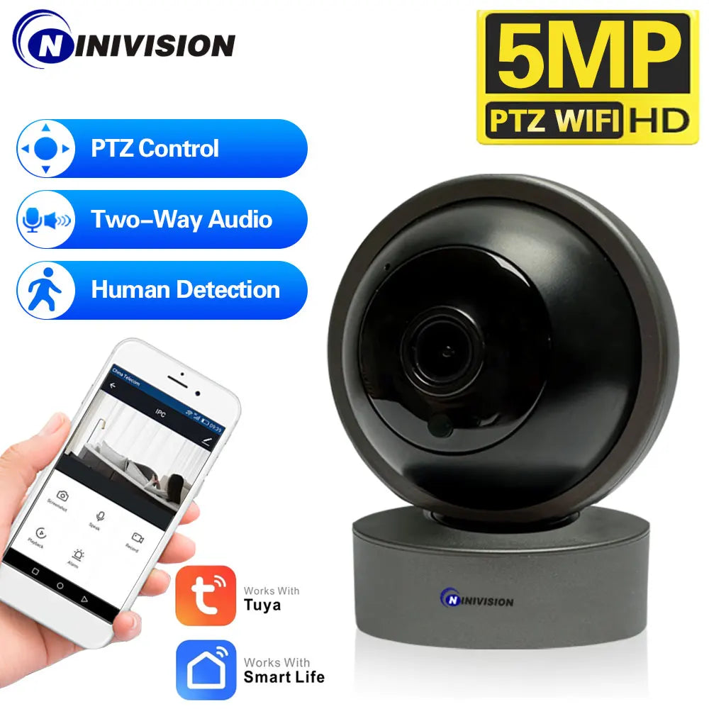 Tuya WIFI PTZ Camera 5MP Black Indoor Baby Monitor Smart Home Wireless Night Vision P2P Security Video Surveillance IP Camera 2K