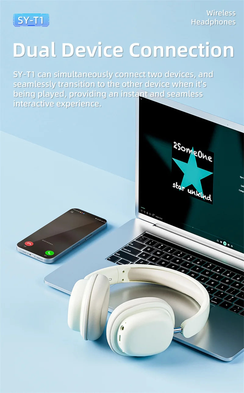 SY-T1 Foldable Wireless Headphones Lightweight Bluetooth 5.3 Earphone Pluggable Mic Stereo Music Game Headset For Friend Gifts