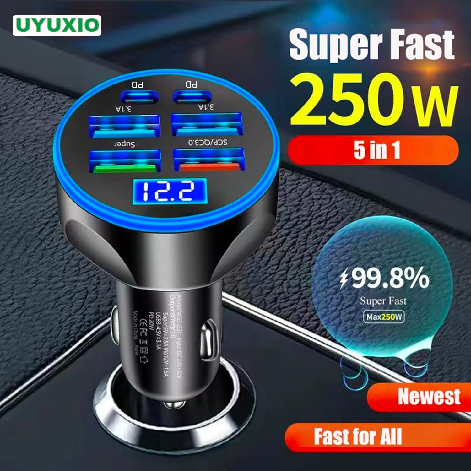 UYUXIO Multi Port USB C Car Charger Adapter with Voltage Display PD 30W Super Fast Charging 6 in 1 for MacBook iPhone Samsung