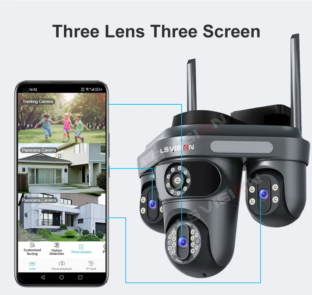LS VISION 15MP Three Screens WiFi IP Camera Wireless Outdoor Three Lens PTZ Waterproof Human Auto Tracking Surveillance Cameras