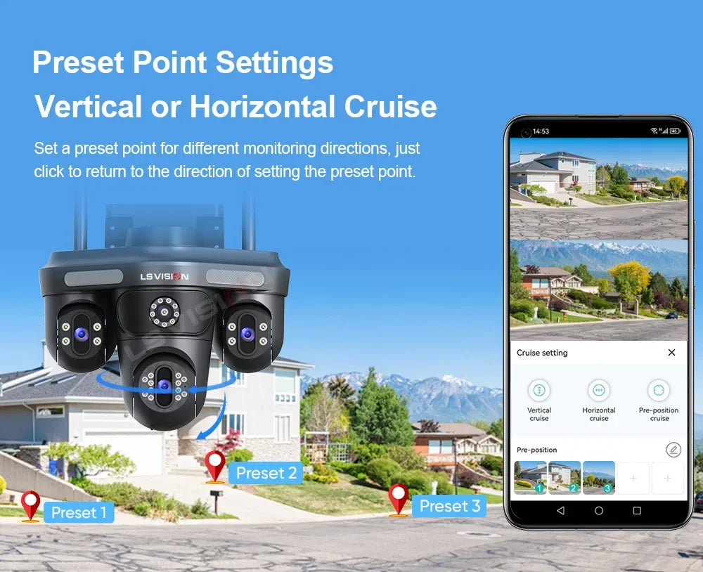 LS VISION 15MP Three Screens WiFi IP Camera Wireless Outdoor Three Lens PTZ Waterproof Human Auto Tracking Surveillance Cameras