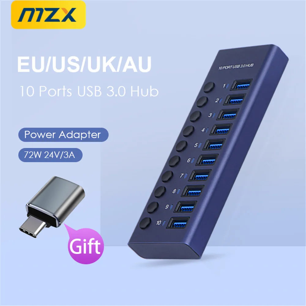 MZX 10/7/4-Port USB 3.0 A Hub Aluminum Multi-Hub Splitter Concentrator Extensior Dock Switch Adapter for PC Laptop Accessories