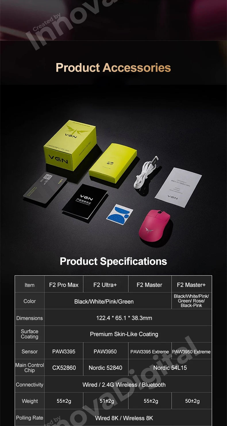 VGN Dragonfly F2 Pro Max Ultra F2 Master Wireless Gaming Mouse PAW3395 PAW3950 8K Superlight Tri-Mode Esports FPS Mice Bluetooth