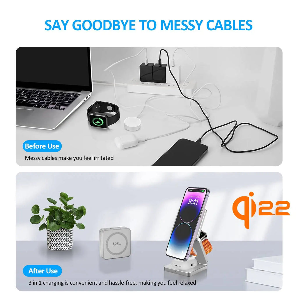 Qi1/Qi2.2 Foldable 3-in-1 Magnetic Wireless Charging Station for iPhone 12~17 Series AirPods iWatch Portable Travel Charger