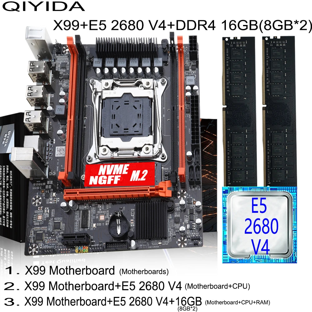 X99 Gaming Motherboard Kit with Xeon E5 2680 V4 DDR4 16GB=8Gx2 RAM M.2 NVME NGFF SATA USB for Desktop PC