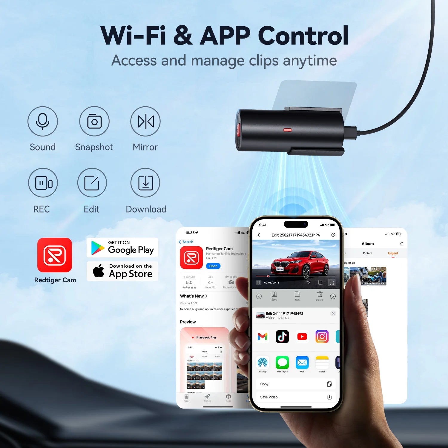 REDTIGER A1 4K Mini Dash Cam WiFi & APP Control Compact Car Camera Super Night Vision G-Sensor 24H Parking Mode Loop Recording