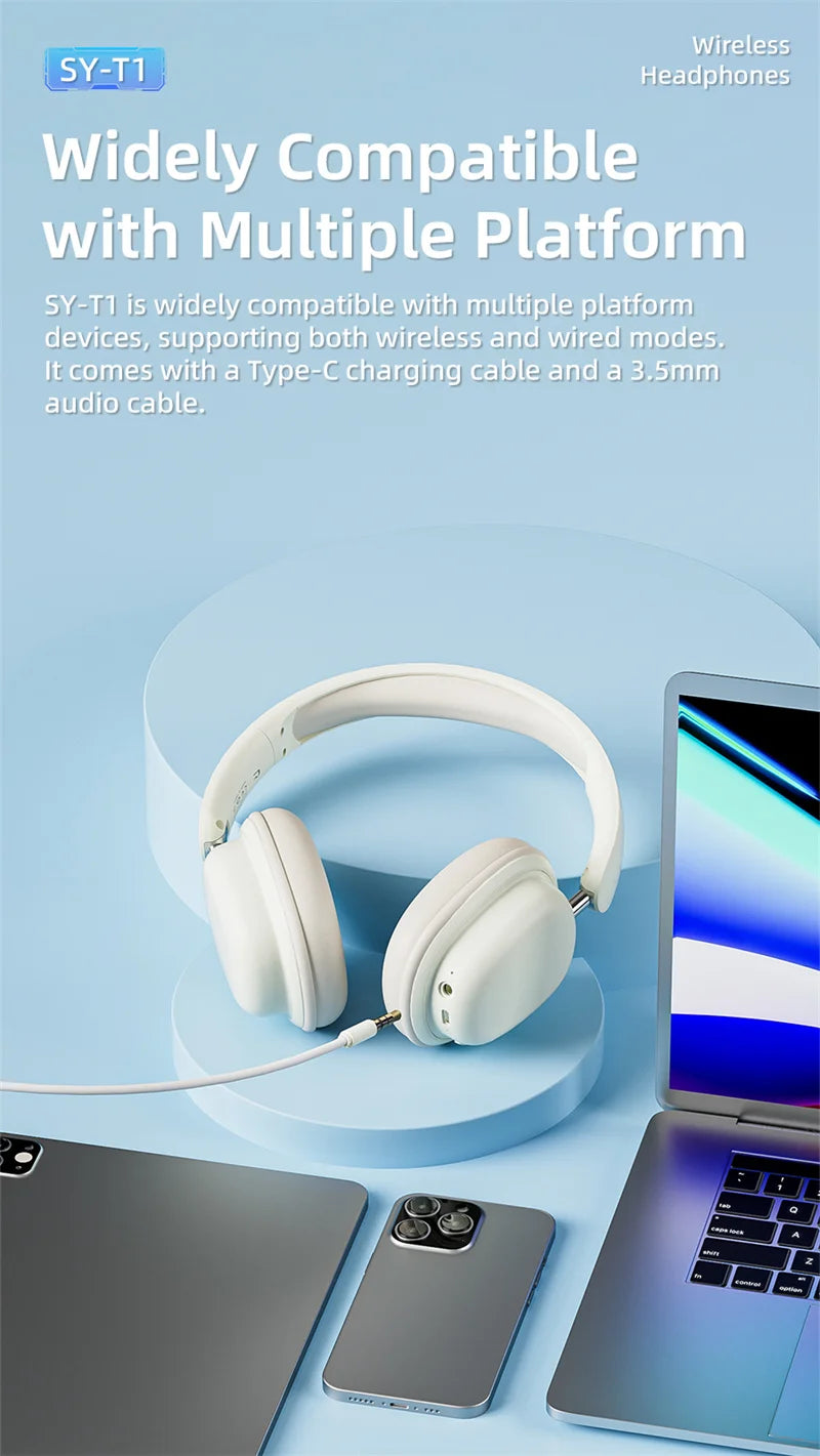 SY-T1 Foldable Wireless Headphones Lightweight Bluetooth 5.3 Earphone Pluggable Mic Stereo Music Game Headset For Friend Gifts