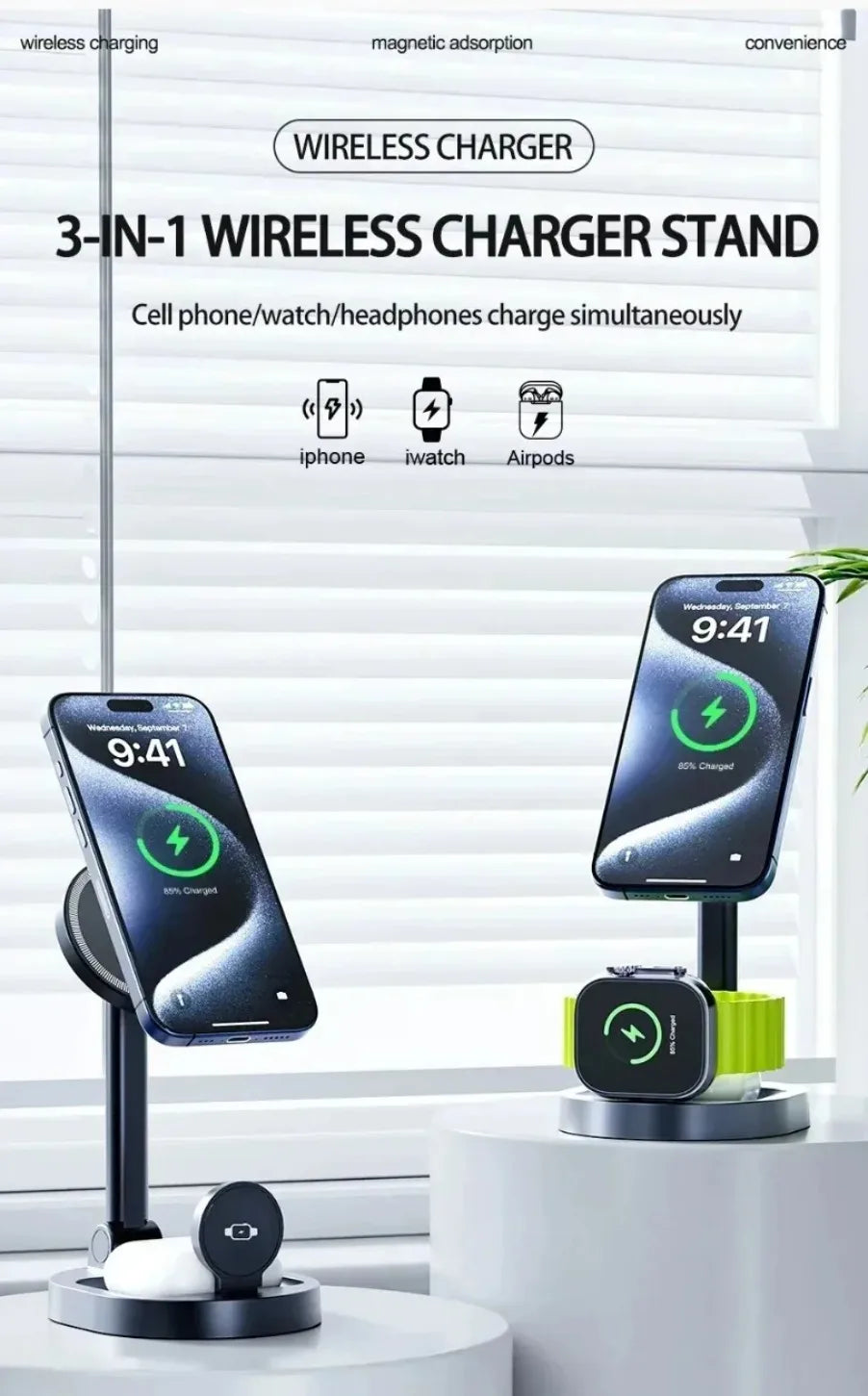 VIKEFON 3 in 1 qi2 Ice Cooling Magnetic Wireless Charger For Magsafe iPhone 16-12 Apple Watch 9 8 7 AirPods Pro2 Fast Charging