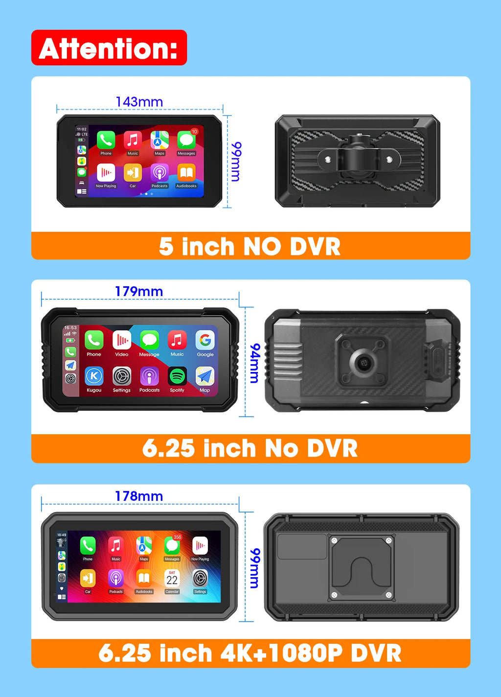 Jansite 5/6.25'' GPS for Motorcycles Carplay DVR Navigation Display Screen Android Auto Moto Accrssories IP67 Waterproof Monitor
