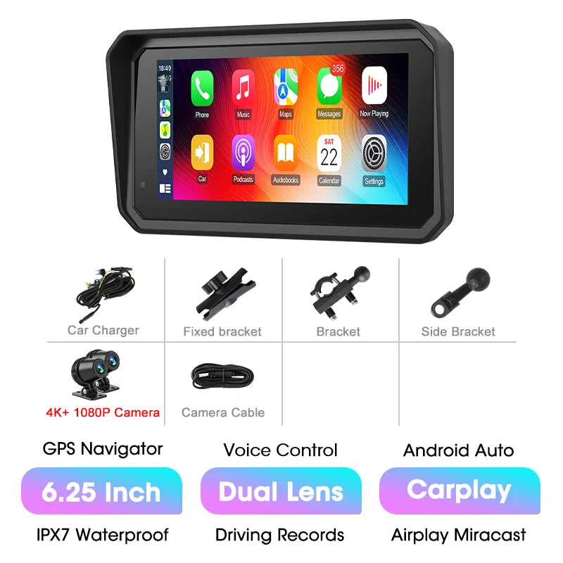 Jansite 5/6.25'' GPS for Motorcycles Carplay DVR Navigation Display Screen Android Auto Moto Accrssories IP67 Waterproof Monitor