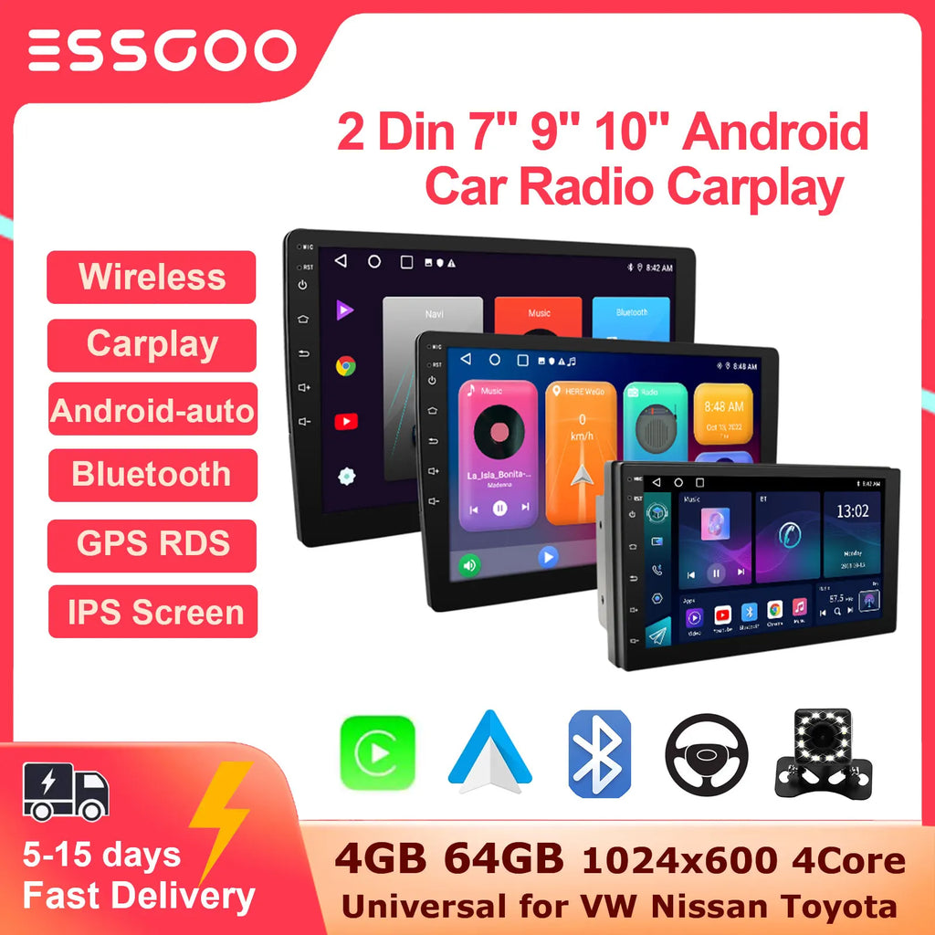 ESSGOO 2 Din Car Radio Carplay Android Auto 7 9 10 Inch 4G 64G Universal Multimedia Player DSP FM RDS AHD GPS WIFI Autoradio