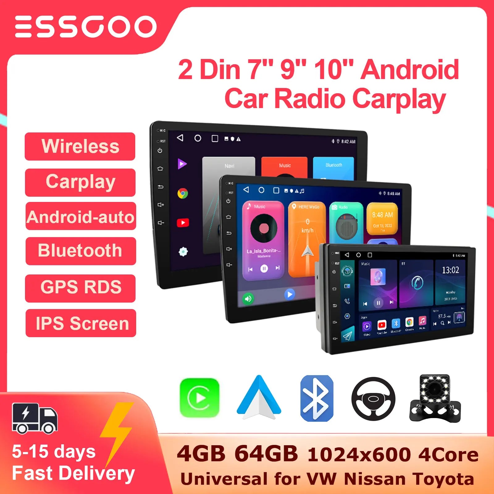 ESSGOO 2 Din Car Radio Carplay Android Auto 7 9 10 Inch 4G 64G Universal Multimedia Player DSP FM RDS AHD GPS WIFI Autoradio