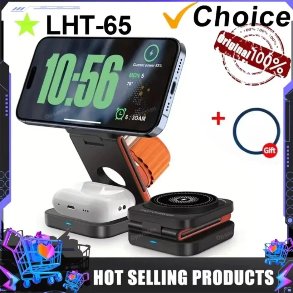 XIKCU 3 in 1 Foldable Charging Station Fast Magnetic Wireless Charger Stand for iPhone 16-12 Apple Watch 9 8 7 6 Airpods Pro