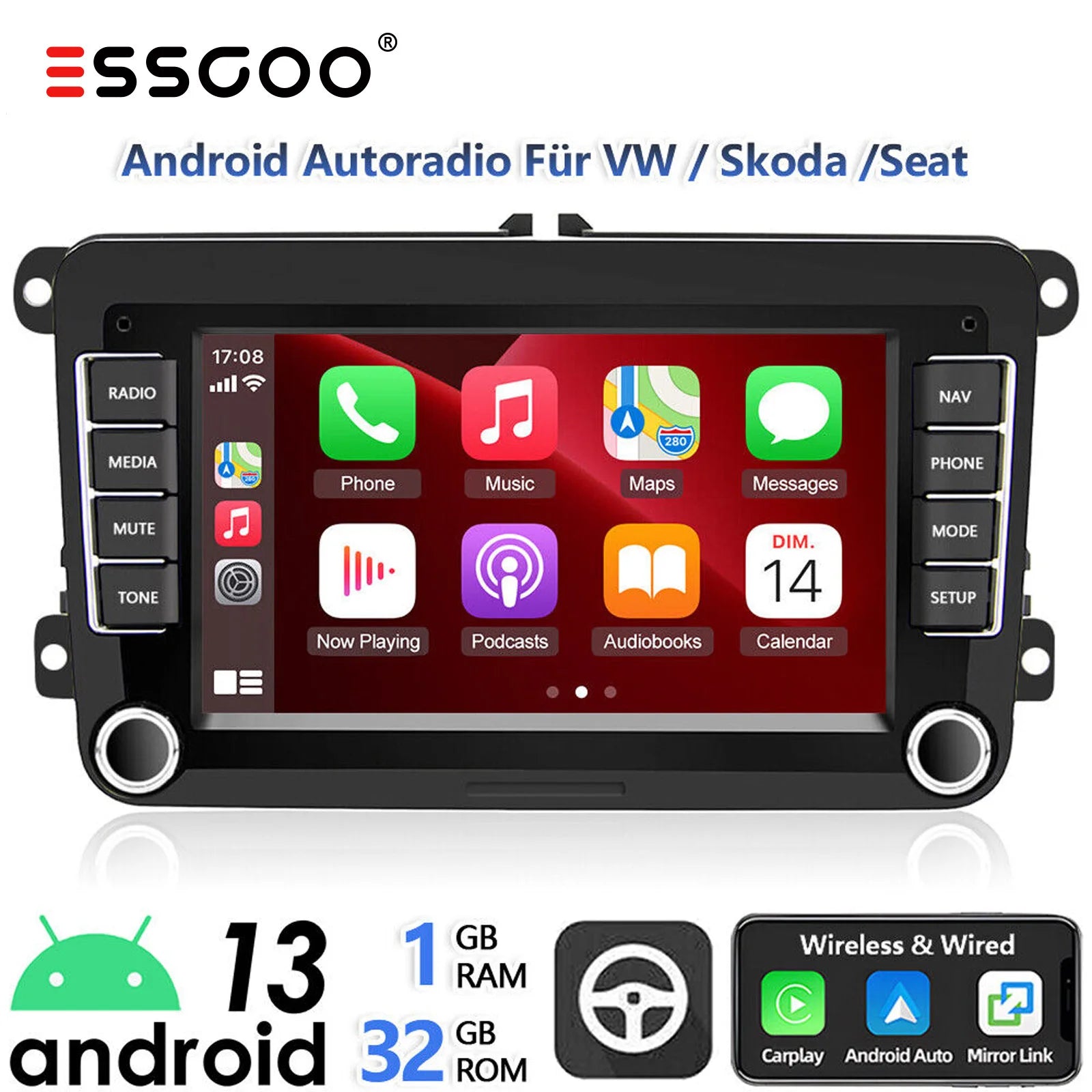 ESSGOO 7" Android 14 4G+64G Apple Carplay ChatGPT Car Stereo GPS WIFI RDS BT for VW Golf 5 6 Passat Polo Touran Tiguan Caddy EOS