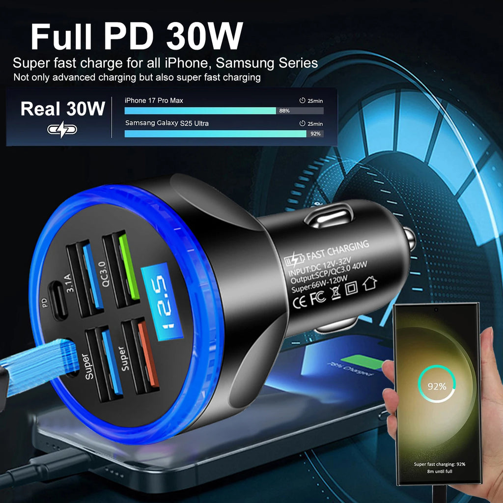 UYUXIO Multi Port USB C Car Charger Adapter with Voltage Display PD 30W Super Fast Charging 6 in 1 for MacBook iPhone Samsung
