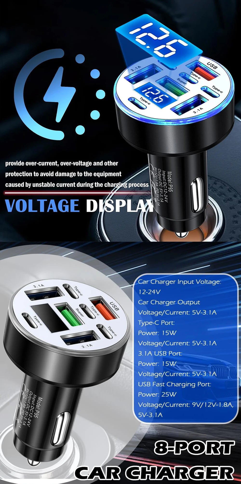 UYUXIO Multi Port USB C Car Charger Adapter 8 in 1 with Voltage Display Iight QC 4.0 PPS Super Fast Charge with Volt Meter