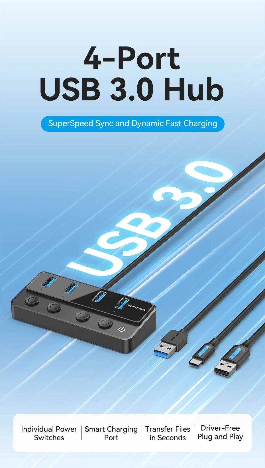 Vention USB A 3.0 HUB High Speed Multi 5Gbps OFF/ON Individual Switch LED Indicator Adapter for PC Laptop USB Ports Extender