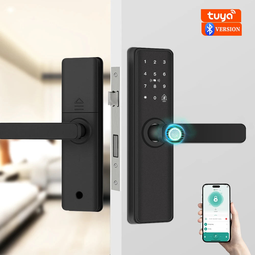 2026 New Smart Door Lock With Bluetooth Compatible Tuya APP Digital Electronic Lock Smart Home Wooden Door Lock Fingerprint