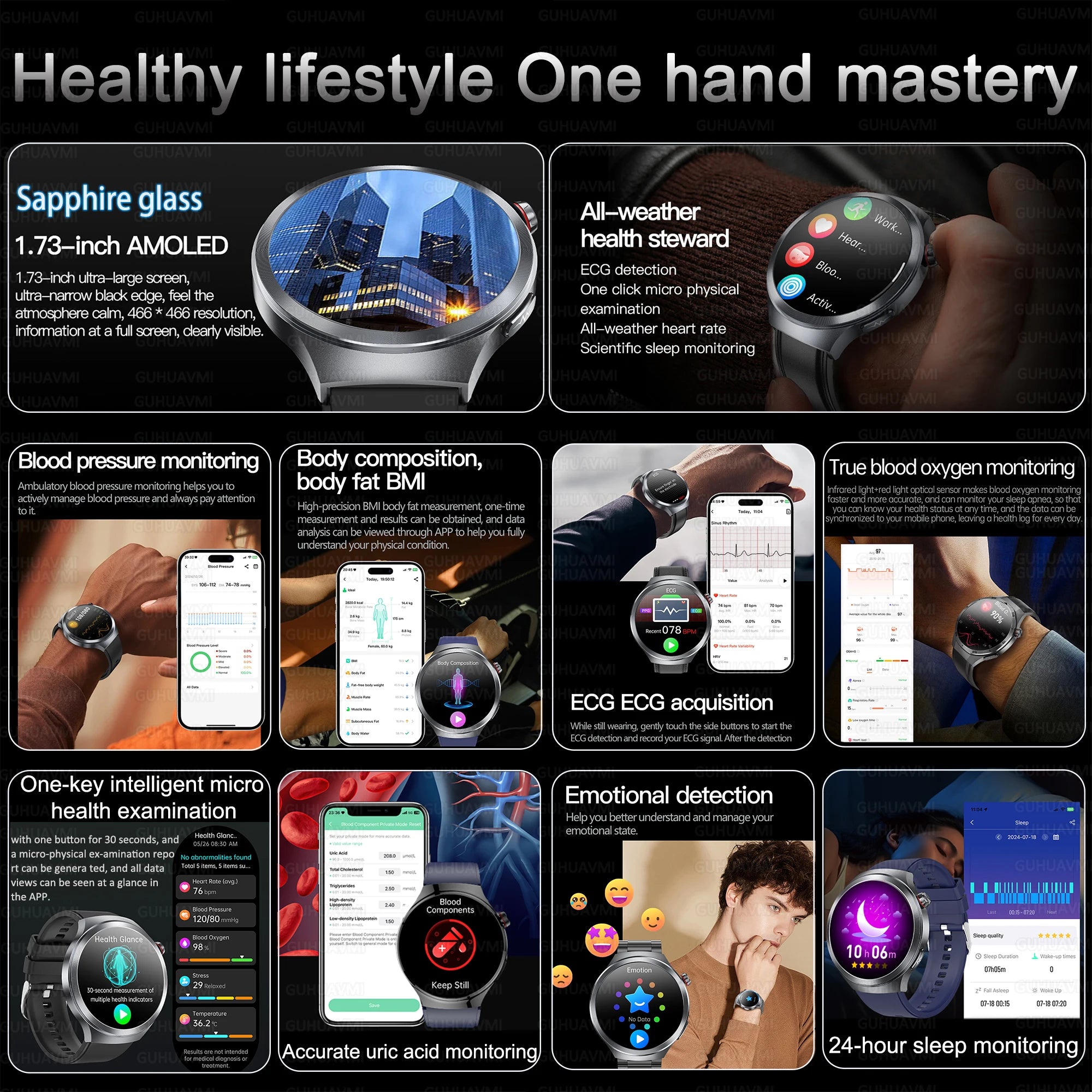 Hospital Level Accurate Measurement Blood Analysis Health Smart Watch ECG Uric Acid Blood Lipids BT Call Smart Watches For man