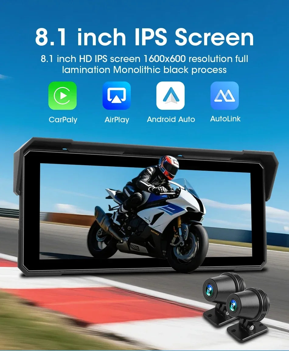 Jansite 8.1 Inch 4K Motorcycle CarPlay Screen 4K Dash Cam Wireless Android Auto Bluetooth GPS Navigation IPX7 Waterproof Display