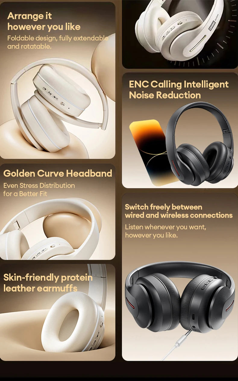 Lenovo LES-107 Wireless Over-Ear Bluetooth Sport Headphones Noise Cancelling Foldable Gaming Headset HiFi Bass Long Battery Life