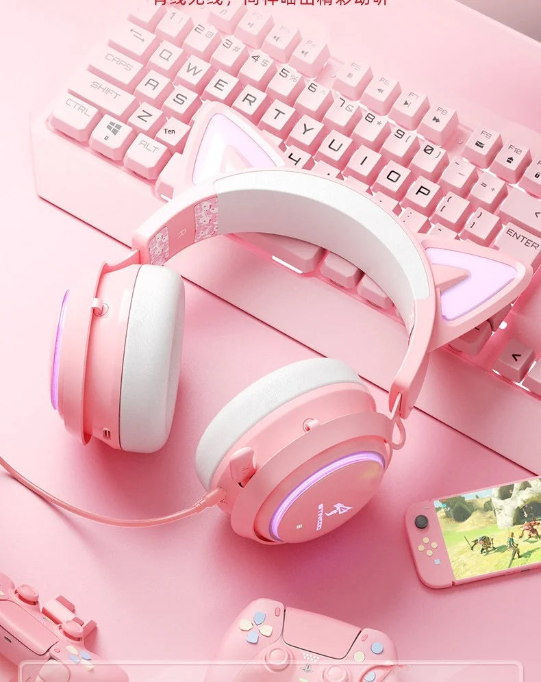 Somic GS510 Gamers Headphone With Microphone Cat Ears Rgb Light Colorful Cute Headset Noise Reduction Girl Gaming Earphones Gif
