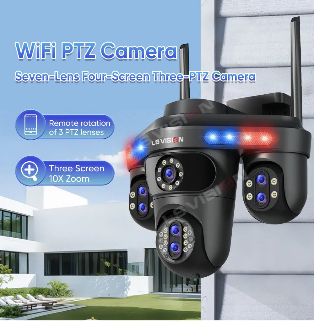 LS VISION 35MP 10X Zoom Four Screens WiFi IP Camera Wireless Outdoor Seven Lens Three PTZ Camera Auto Tracking Security Camera