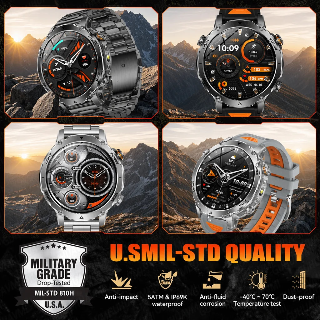 2026 New Military TANK SmartWatch Bluetooth call 10ATM Waterproof 1400mAh Battery Heart rate monitoring Outdoor Sports Watch Men