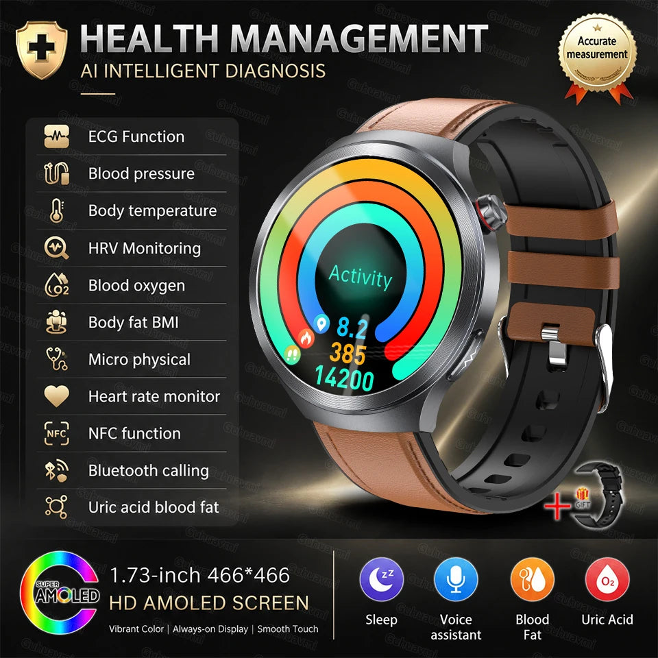 2026 New Health Check Care Smart Watch For man ECG+PPG Accurate Uric Acid Blood Pressure Body Fat Fitness Waterproof Smart Watch