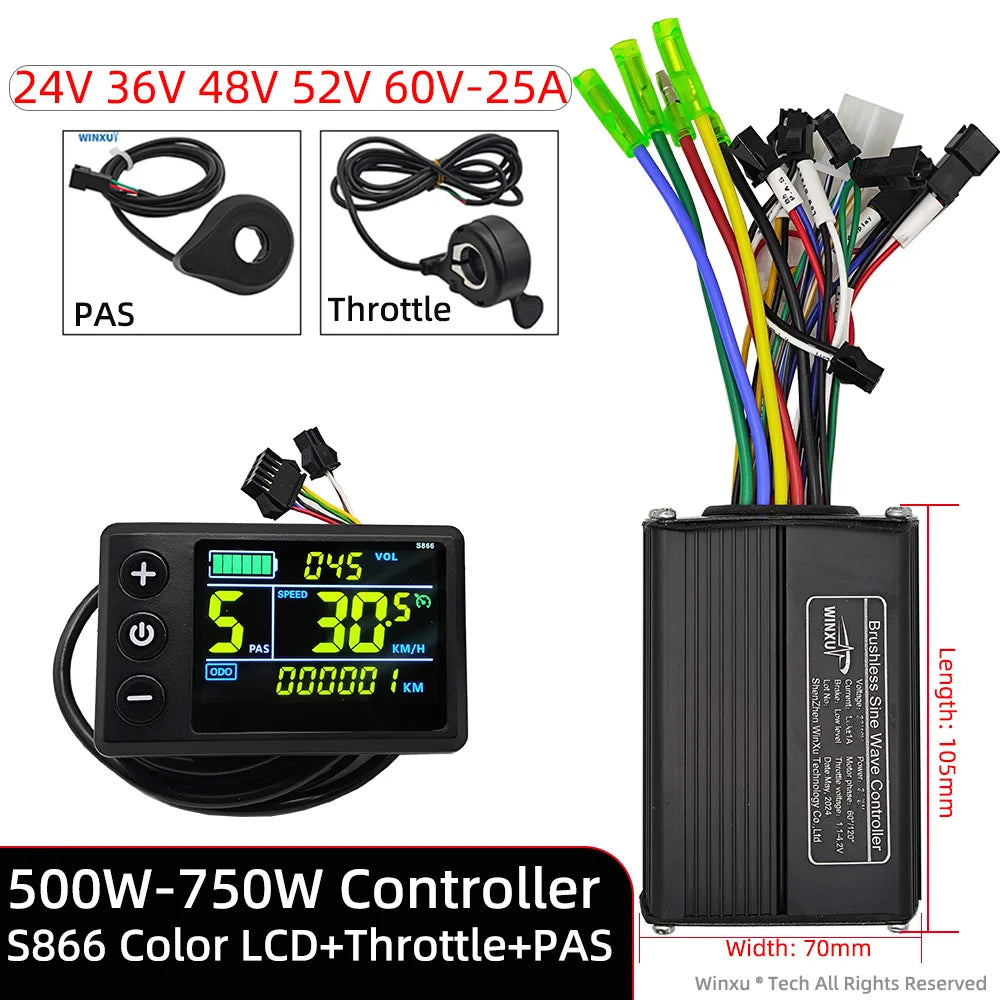 36V 48V 60V 25A 500W 750W E-bike Brushless Motor Sine Wave Controller S866 LCD Color Display for Electric Mountain Bike Scooter