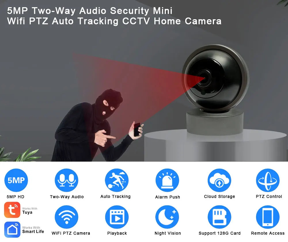 Tuya WIFI PTZ Camera 5MP Black Indoor Baby Monitor Smart Home Wireless Night Vision P2P Security Video Surveillance IP Camera 2K