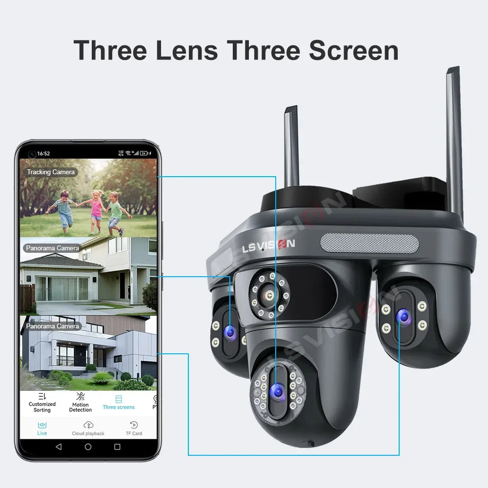 LS VISION 15MP Three Screens WiFi IP Camera Wireless Outdoor Three Lens PTZ Waterproof Human Auto Tracking Surveillance Cameras