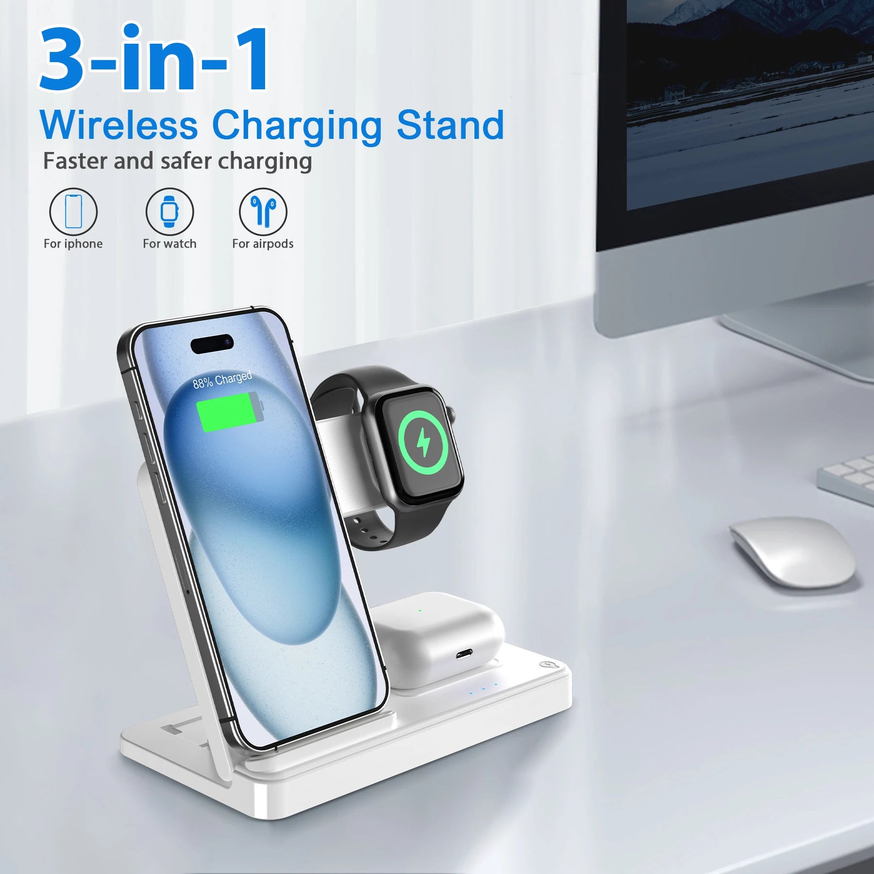 3 In 1 Magnetic Wireless Charger Stand 15W Fast Charging Dock Station Multiple Devices for iPhone 15 14 13 8 Apple Watch Airpods