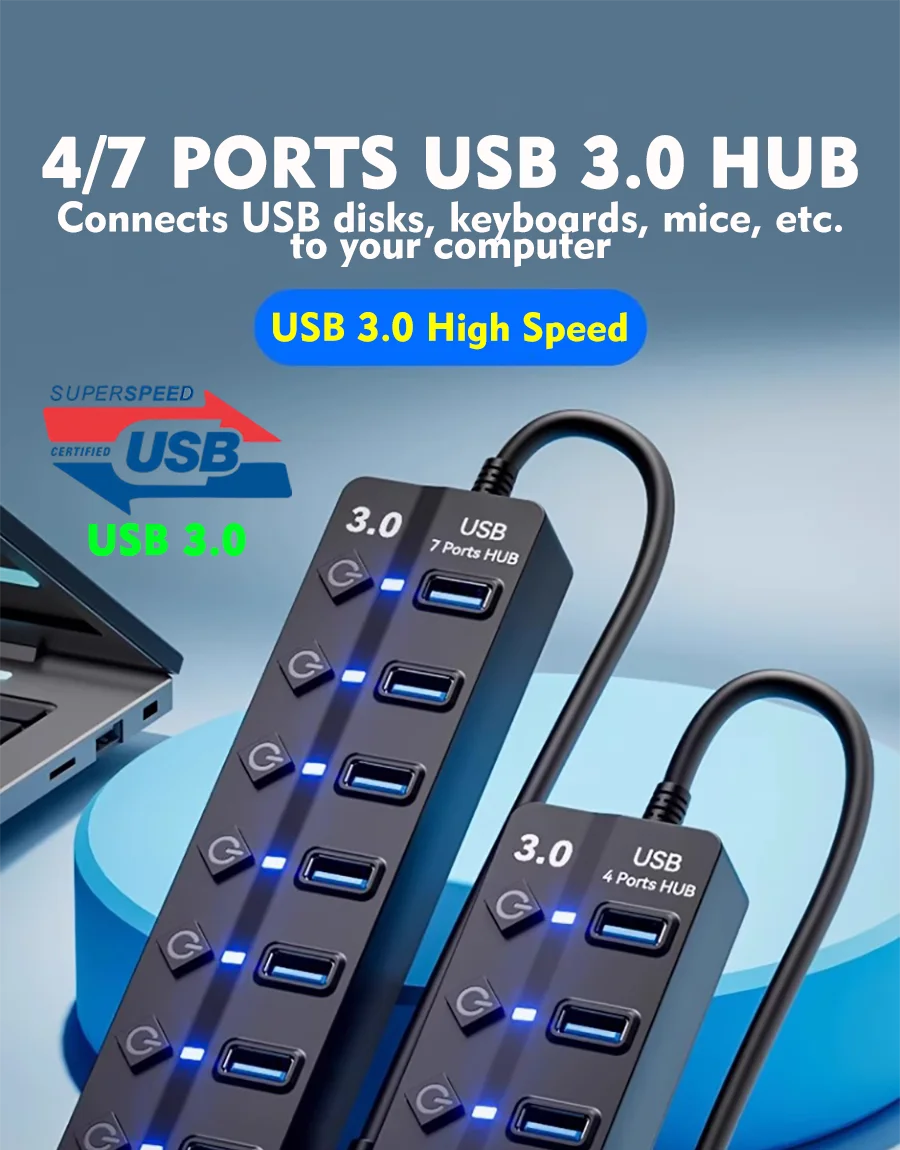 JUMPEAK 4 Port 7 Port USB Hub USB3.0 Expander Docking Station Splitter With Power Adapter With Switch For Laptop PC Multi-Device