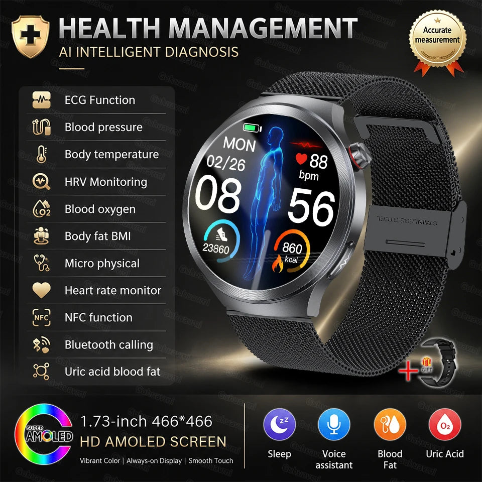 Hospital Level Accurate Measurement Blood Analysis Health Smart Watch ECG Uric Acid Blood Lipids BT Call Smart Watches For man
