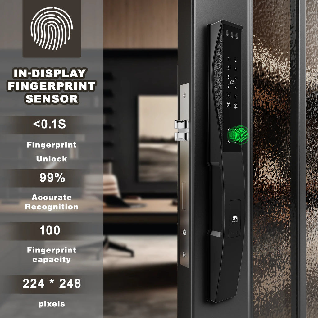 WINFREE 3D Face Recognition Smart Door Lock Slim Door Smart Lock Fingerprint Passcode Card Tuya APP Control Digital Lock Waterproof and Rechargeable Battery Intelligent Lock for Front Door and Gate