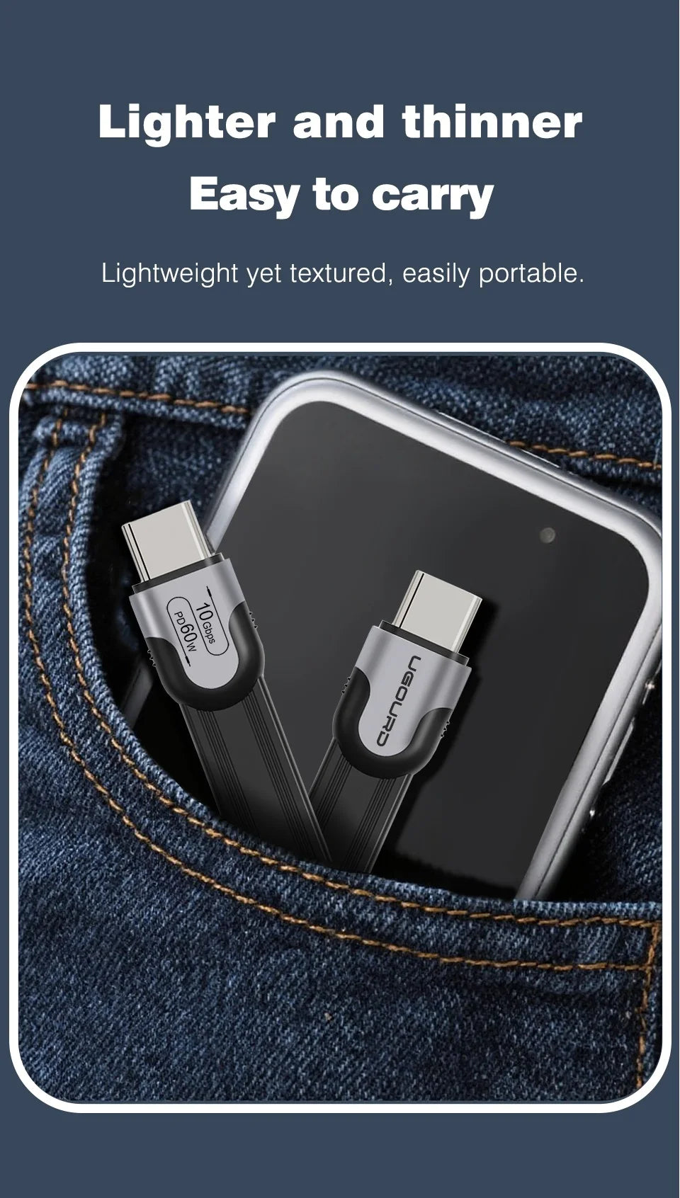 UGOURD USB A to C 10Gbps Cable USB C to Type C USB3.1/3.2 Gen2 Cable Data Transfer USB SSD Hard Disk Cable 60W 0.15m - 3m Flat