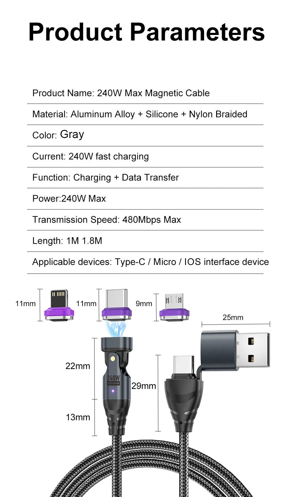 240W 6 in 1 PD3.1 Magnetic Cable Micro USB C to Type C Cable 6A Fast Charging for Macbook iPad iPhone 17 16 Samsung Xiaomi