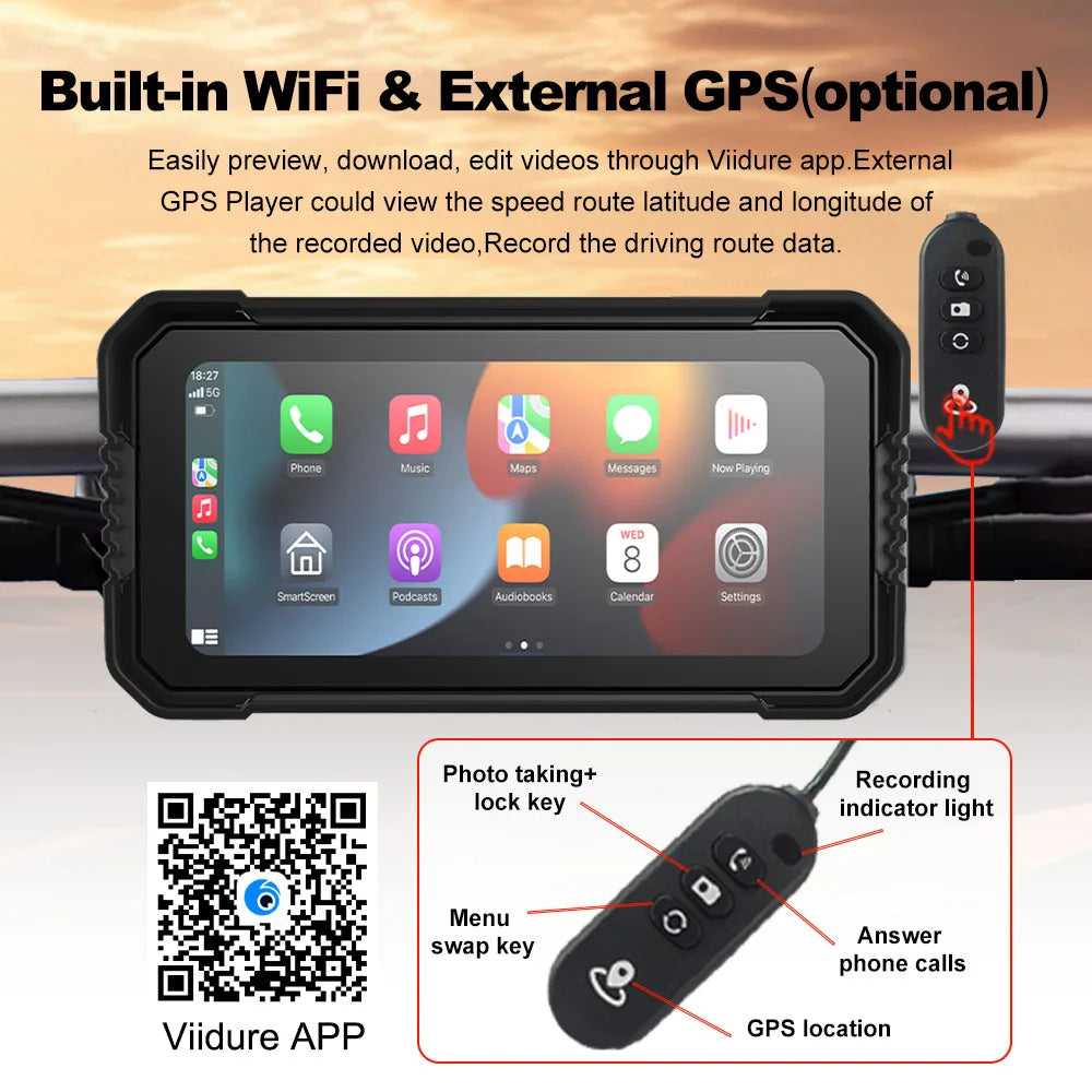 Freedconn Wireless CarPlay Android Auto 6.25 inch Carplay Motorcycle DVR Navigation GPS Digital Dashboard Display Screen