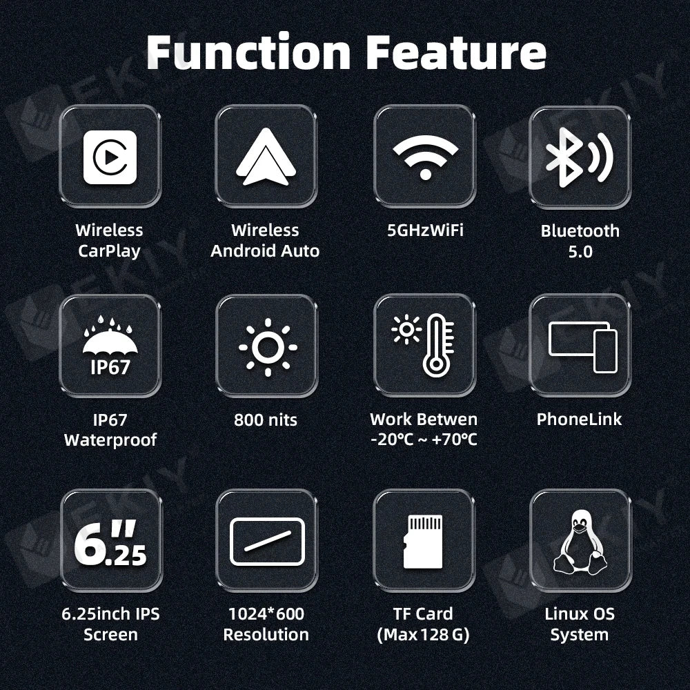 EKIY 6.25" Portable Digital Dashboard Anti Theft Removable Screen Wireless CarPlay Moto Android Auto GPS Motorcycle Navigation