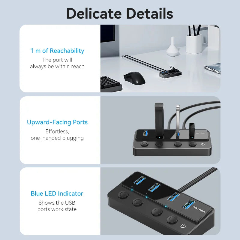 Vention USB A 3.0 HUB High Speed Multi 5Gbps OFF/ON Individual Switch LED Indicator Adapter for PC Laptop USB Ports Extender