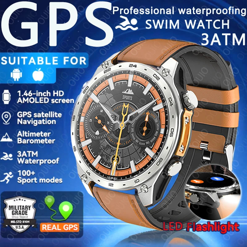 New Military Outdoor Smartwatch Built-in GPS Compass Altimeter 3ATM Waterproof 530mAh BT Call Watches Sports Smart Watch Men