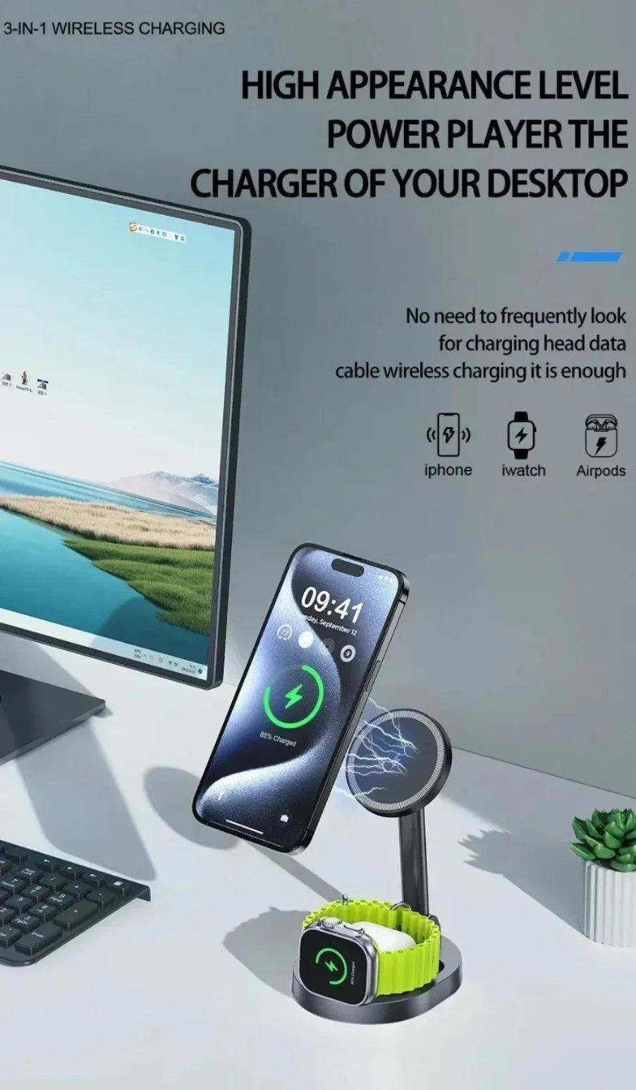 VIKEFON 3 in 1 qi2 Ice Cooling Magnetic Wireless Charger For Magsafe iPhone 16-12 Apple Watch 9 8 7 AirPods Pro2 Fast Charging