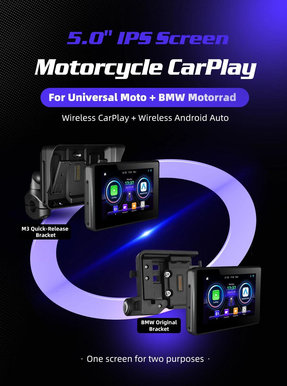EKIY 5.0" Wireless CarPlay Moto Android Auto Portable Digital Motorcycle Dashboard GPS Navigation Screen For BMW R1200GS R1250GS