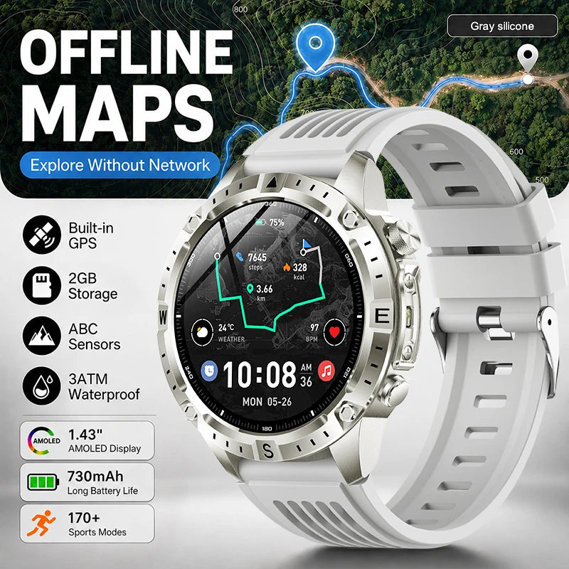 New Outdoor Offline GPS Map Smart Watch 2GB Memory AI Chat GPT Bluetooth Call 3ATM Waterproof AMOLED HD Men Sports Smartwatches