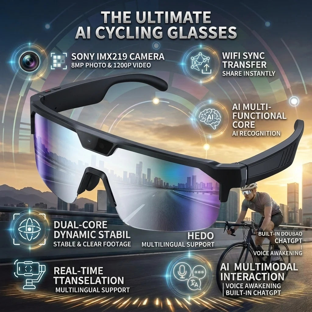 2026 New AI Sport Cycling Smart Glasses 80MP Camera 1200P HD Video Bluetooth 5.3WiFi Open Ear Riding Speaker Real-Time Translate