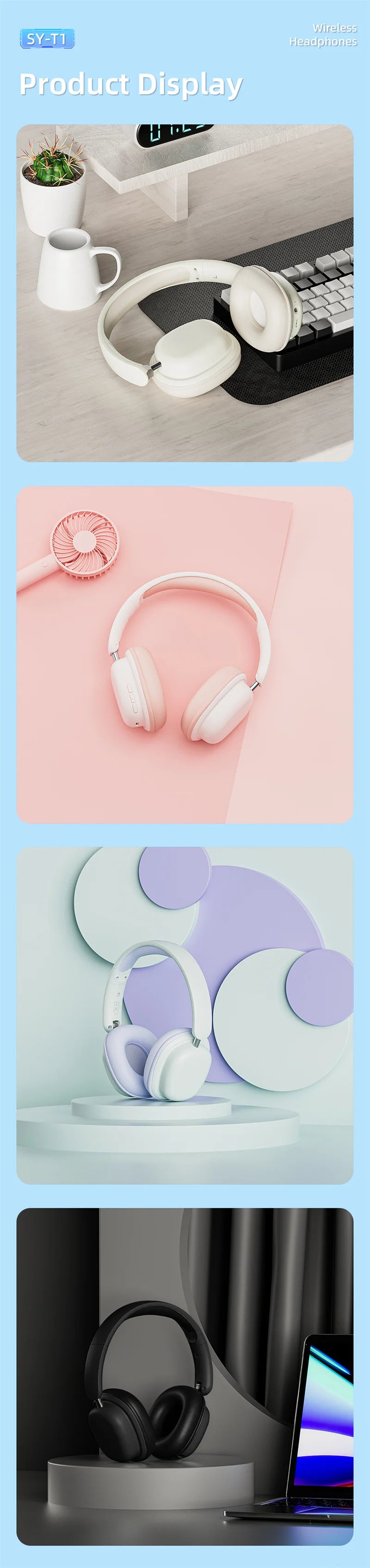 SY-T1 Foldable Wireless Headphones Lightweight Bluetooth 5.3 Earphone Pluggable Mic Stereo Music Game Headset For Friend Gifts