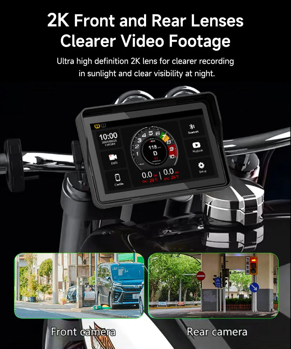 2024 Motorcycle GPS Navigation 2K HD Recorder Wireless CarPlay Android Auto Multimedia Player IP67 Waterproof Screen Bluetooth