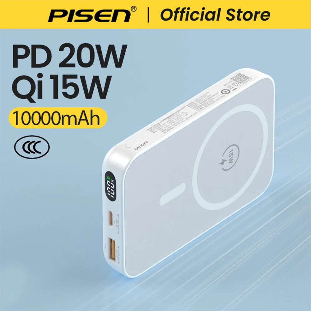 PISEN 10000mAh 20W Portable Magnetic Power Bank Wired/Wireless Combination LED Digital Display for iPhone Samsung Huawei Xiaomi